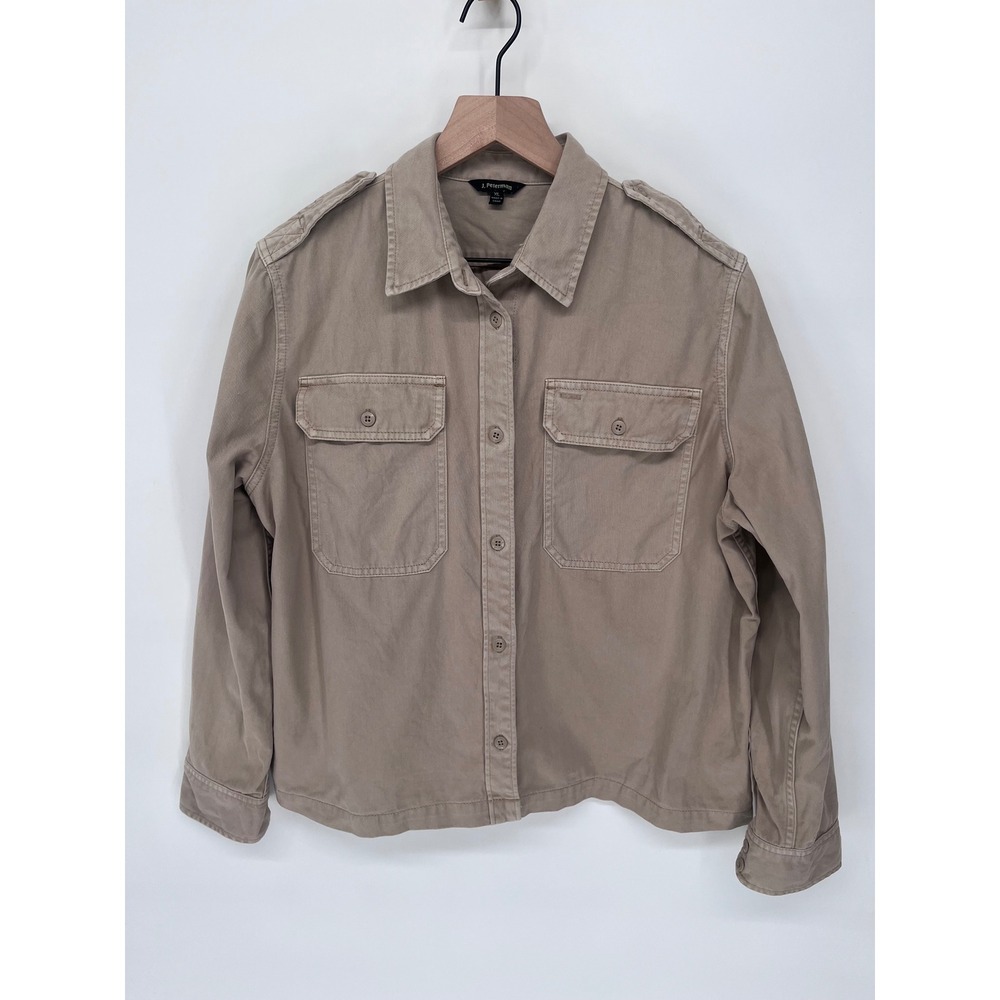J. Peterman Safari Utility Shirt Women XL Tan Cotton Epaulette Military Gorpcore